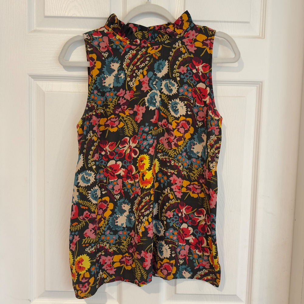 LOFT Womens Floral Paisley Mock Neck Sleeveless Mixed Media Blouse Top Medium